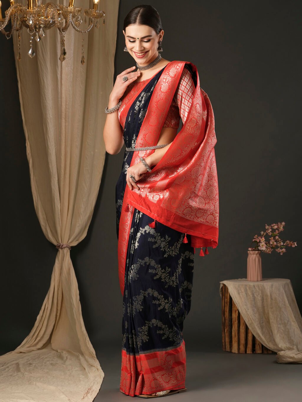Rich Deep Blue Designer Georgette Saree - Image 3