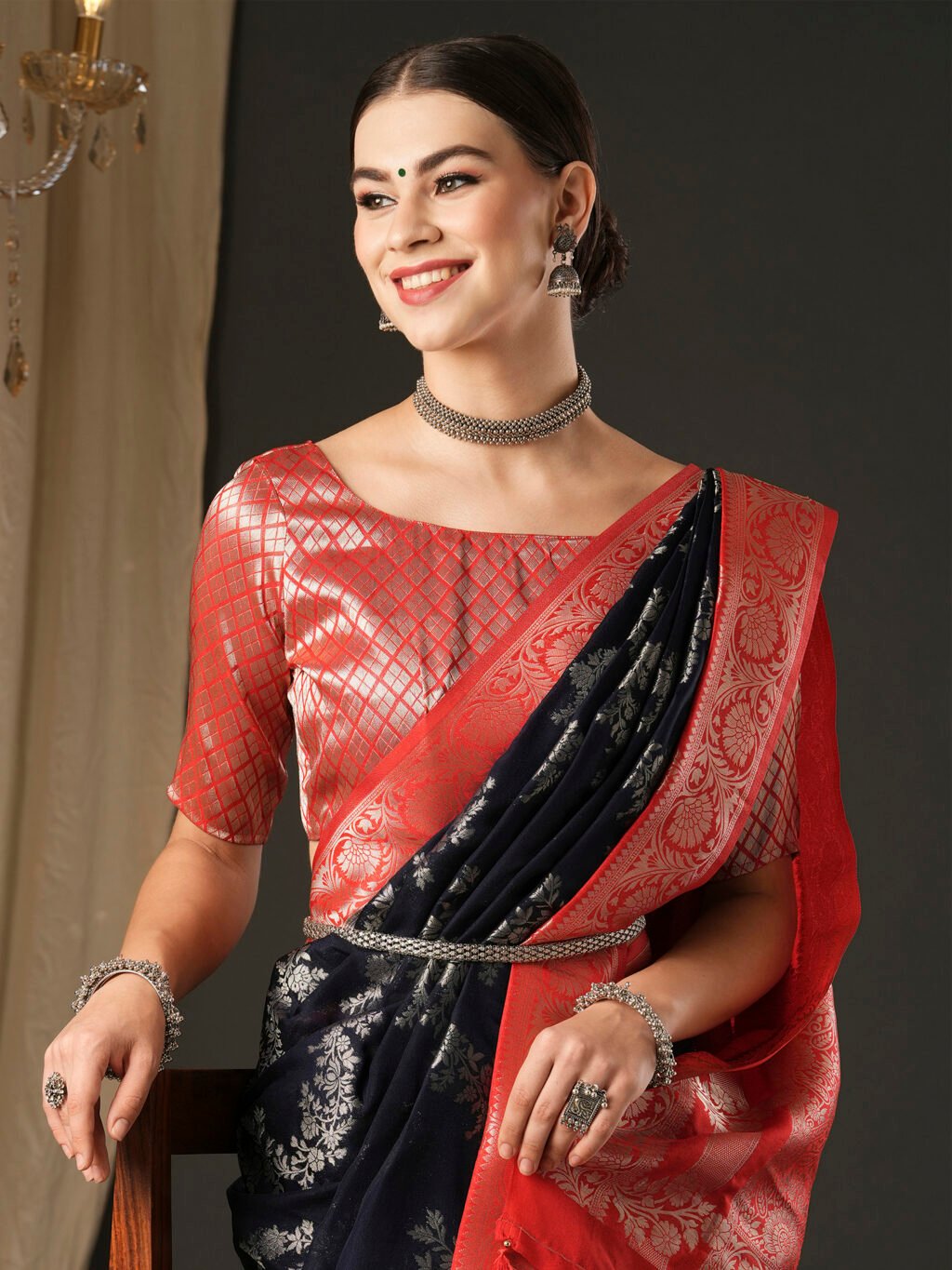 Rich Deep Blue Designer Georgette Saree - Image 4