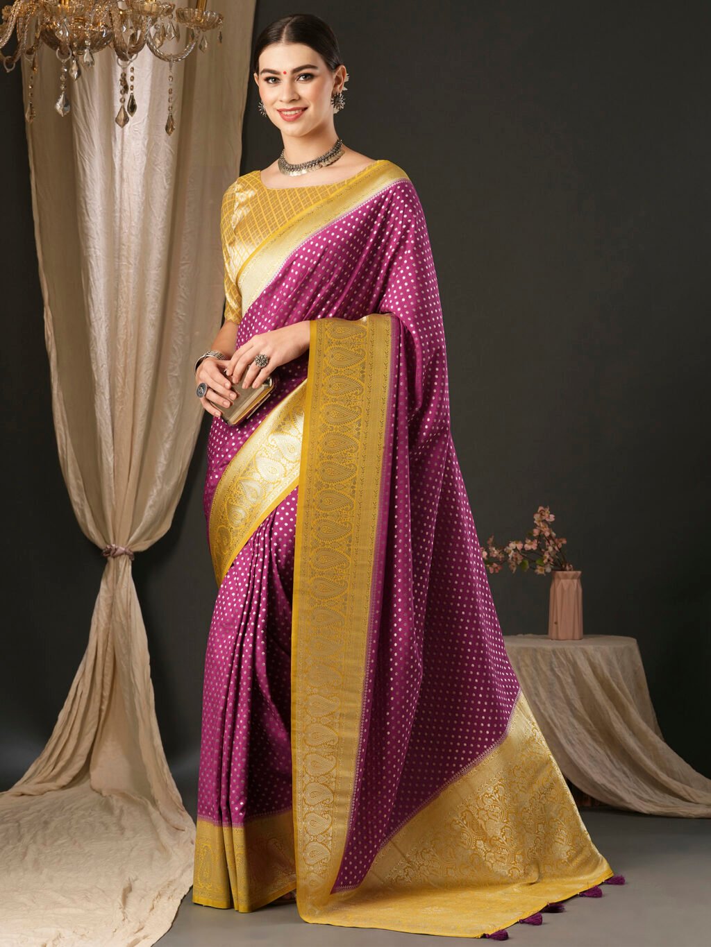Golden Plum Purple Partywear Georgette Saree - Image 3