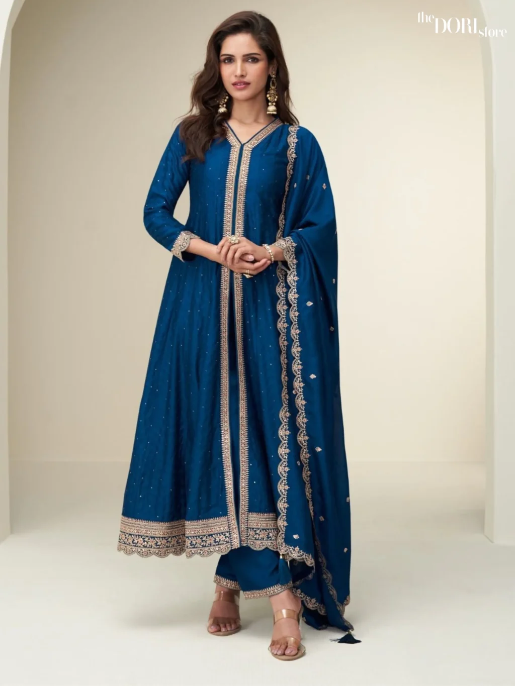 Shop Teal Blue Shimmer Silk Partywear Suit with its intricate design