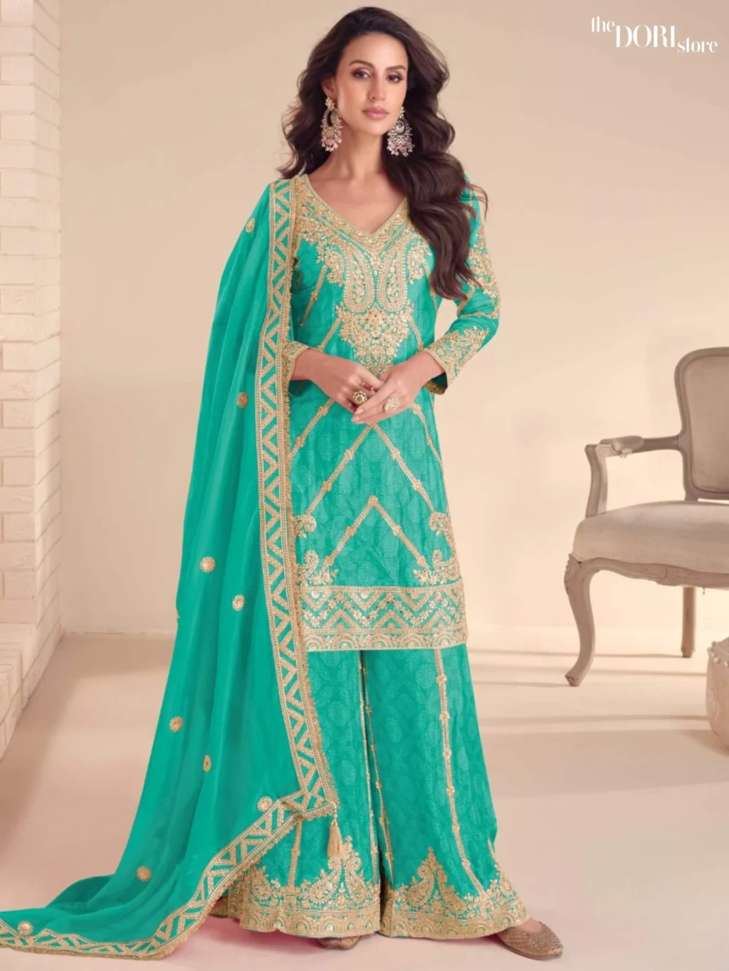 Shop Aqua Blue Digital Chinon Partywear Suit with its intricate design