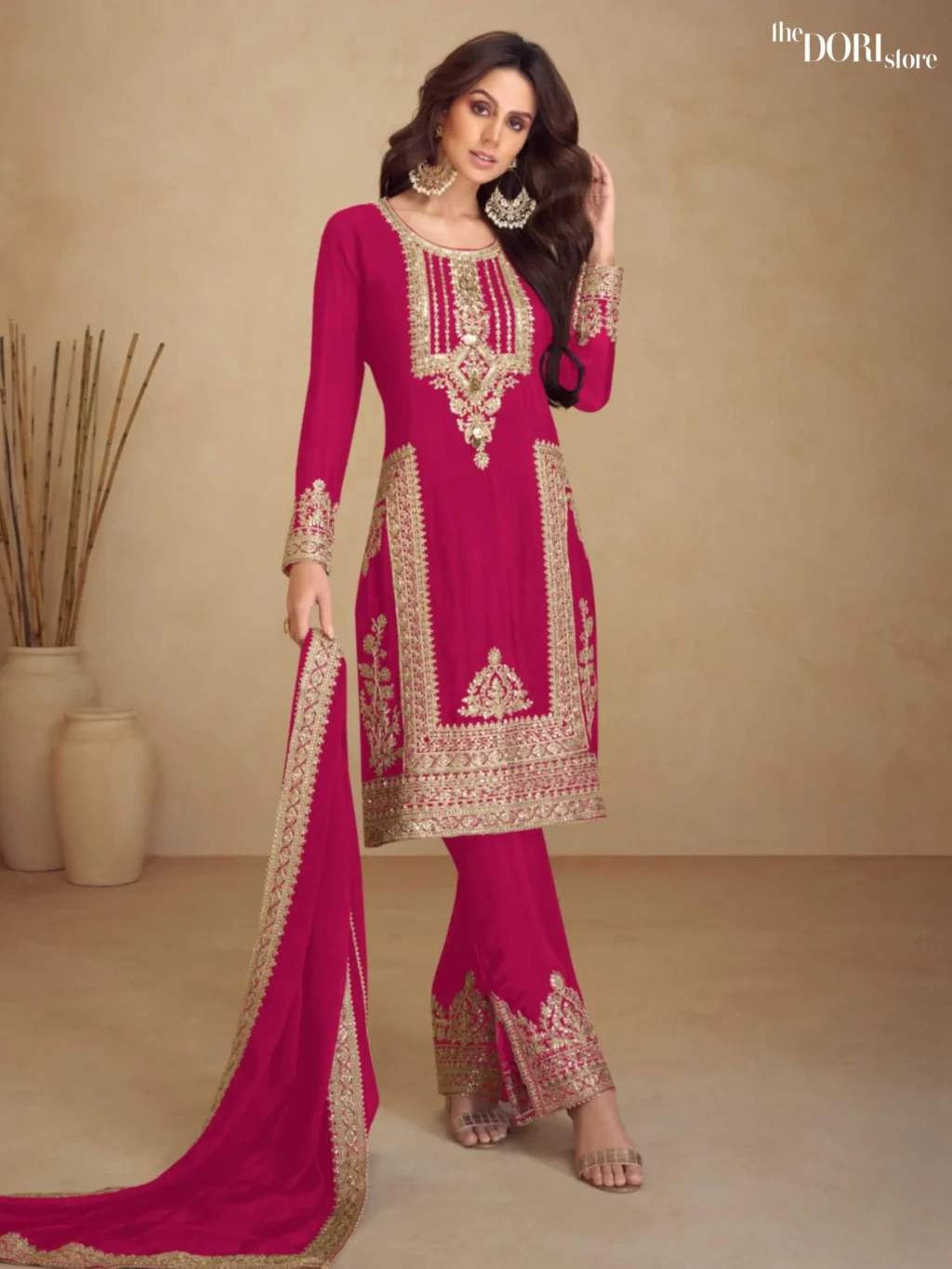 Shop Readymade Royal Pink Partywear Chinon Suit with its intricate design