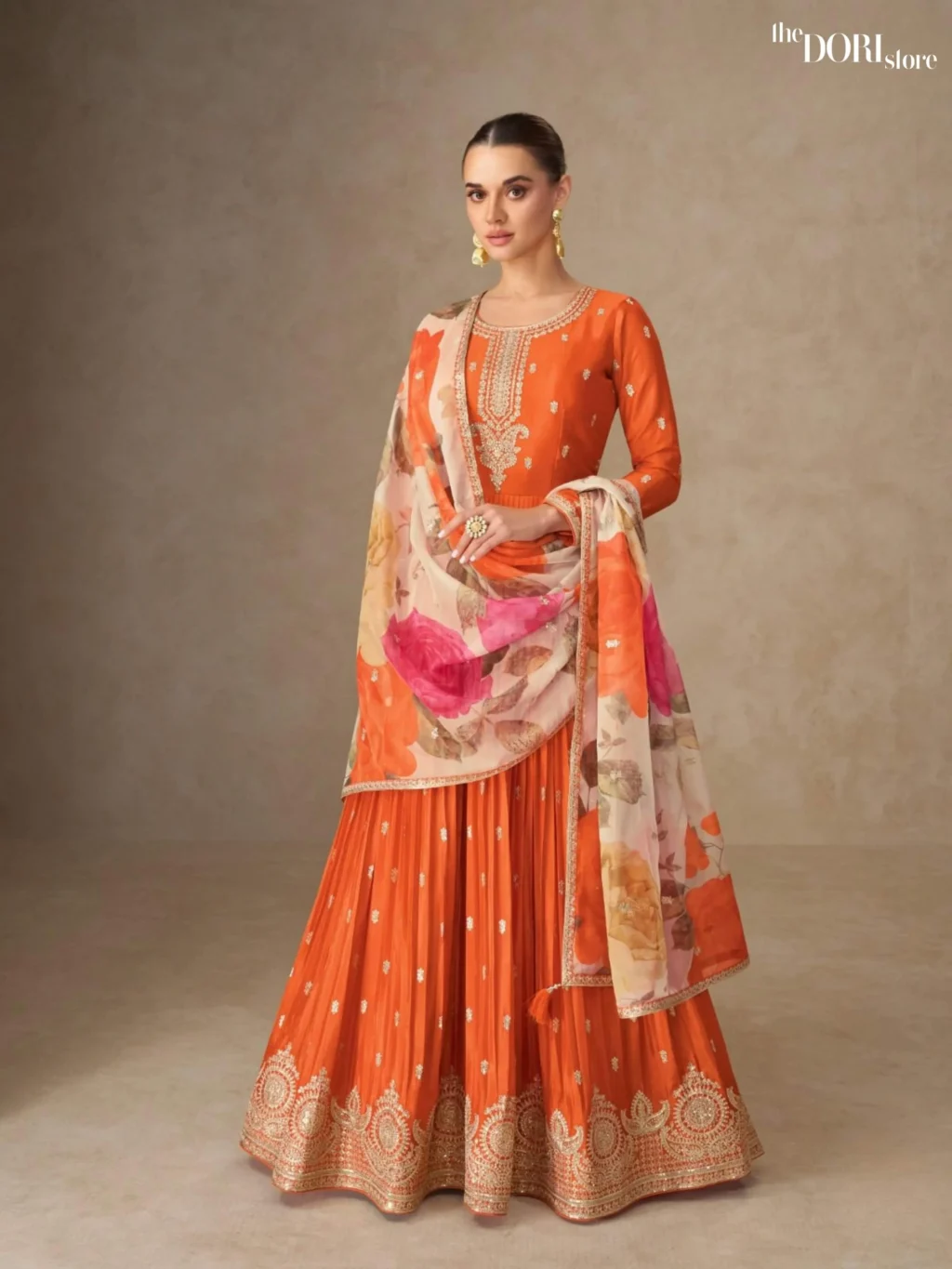 Shop Fiery Orange Partywear Chinon Gown Suit with its intricate design