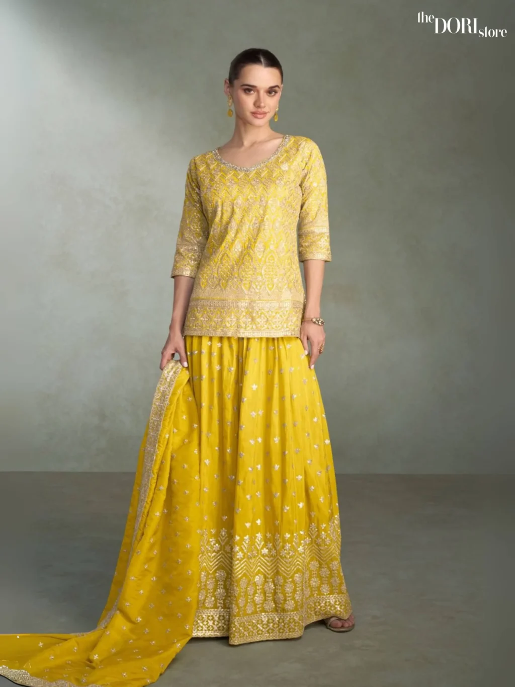 Bright Yellow Partywear Shimmer Silk Readymade Suit Dori Store