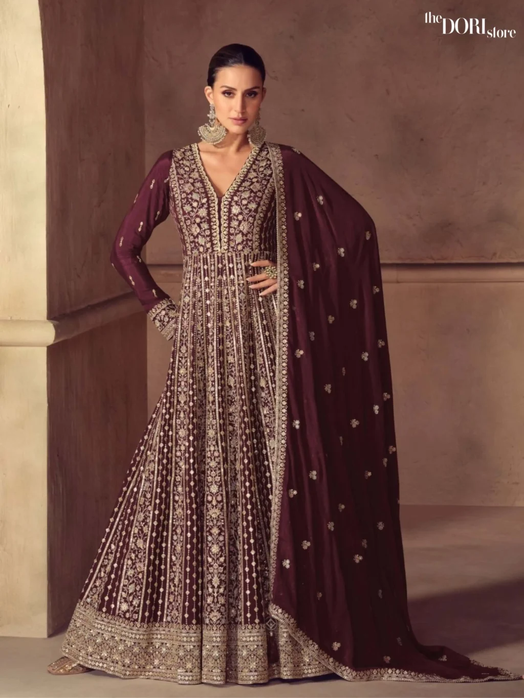 Rich Brown Chinon Readymade Gown Suit Dori Store