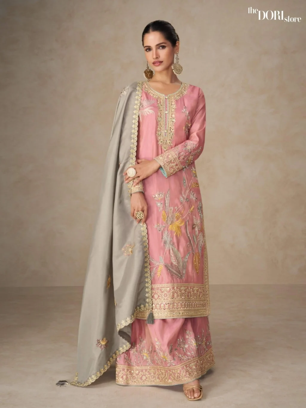 Shop Blush Pink Partywear Shimmer Silk Suit with its intricate design