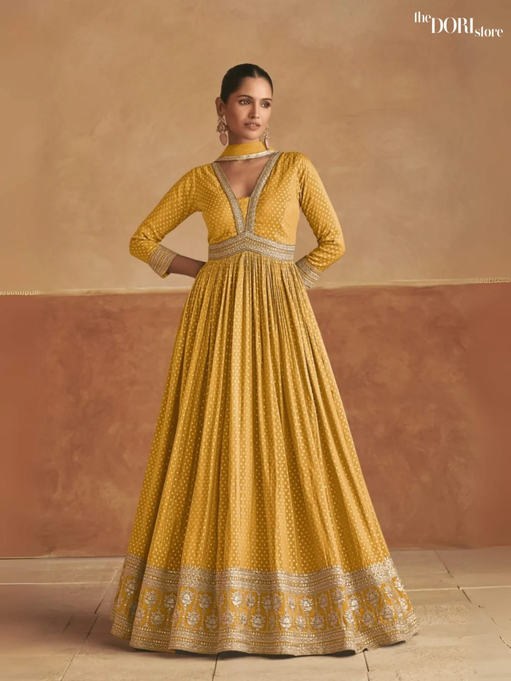 Vanilla Yellow Partywear Silk Readymade Suit Dori Store