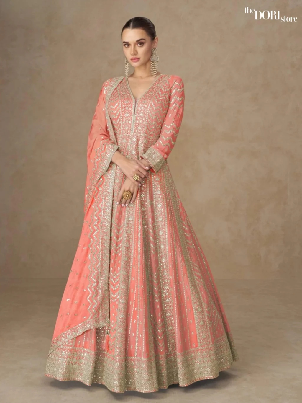 Peach Pink Chinon Silk Readymade Gown Suit Aashirwad Creation