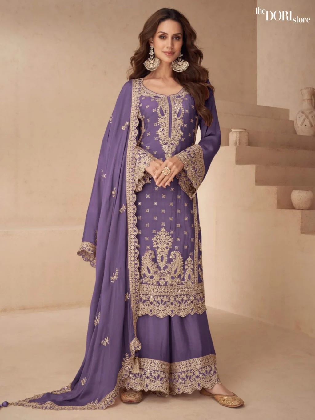 Plum Purple Partywear Chinon Readymade Suit Dori Store