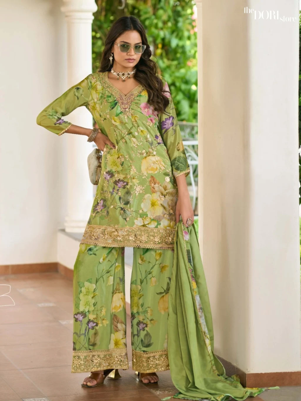 Shop Elegant Green Floral Readymade Chinon Suit with its intricate design