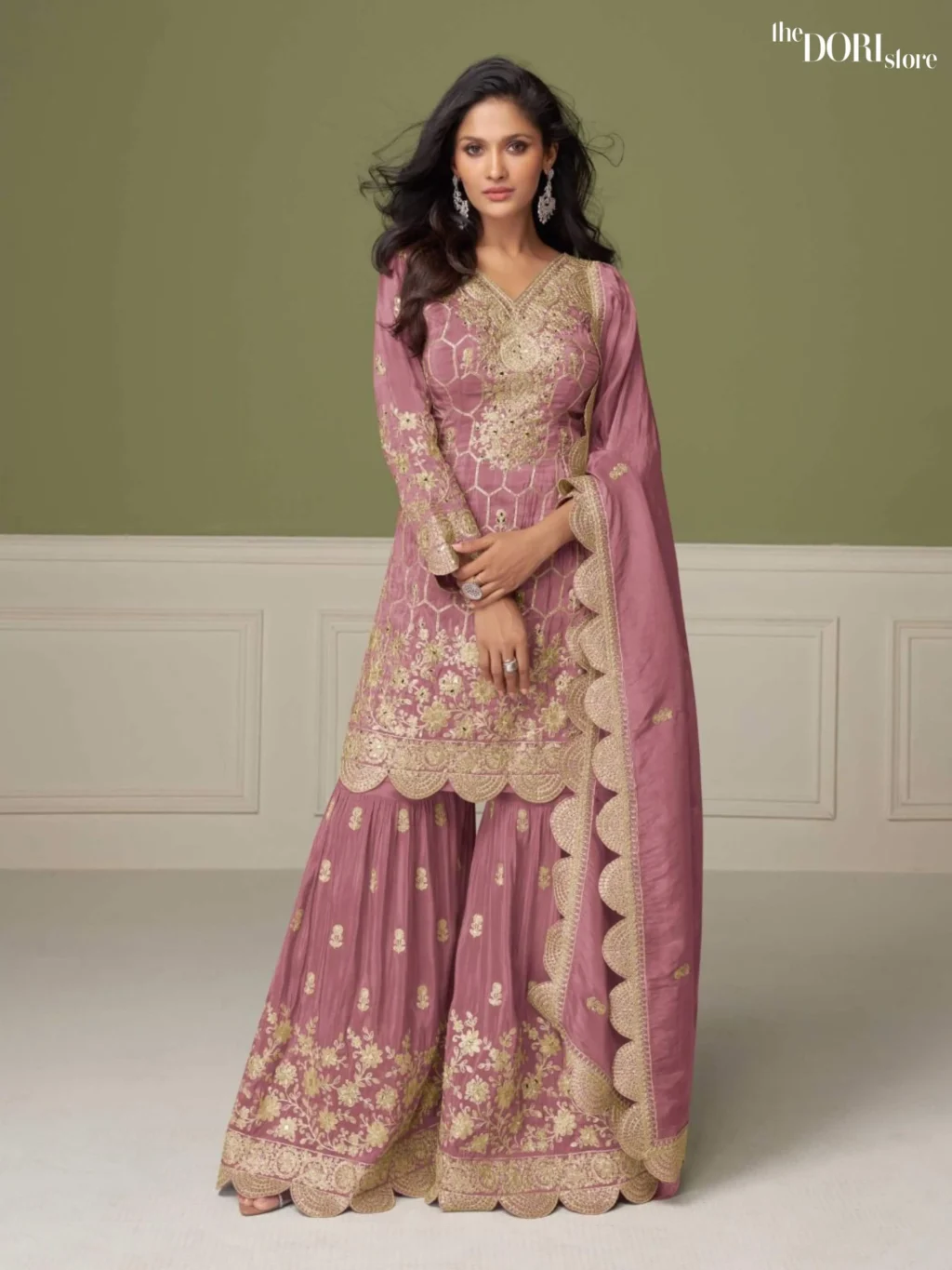 Shop Bloom Pink Shimmer Silk Partywear Suit with its intricate design
