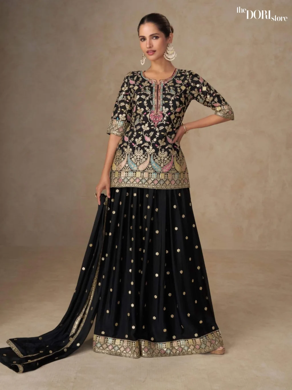 Shop Dori Store Black Readymade Chinon Palazoo Suit with its intricate design