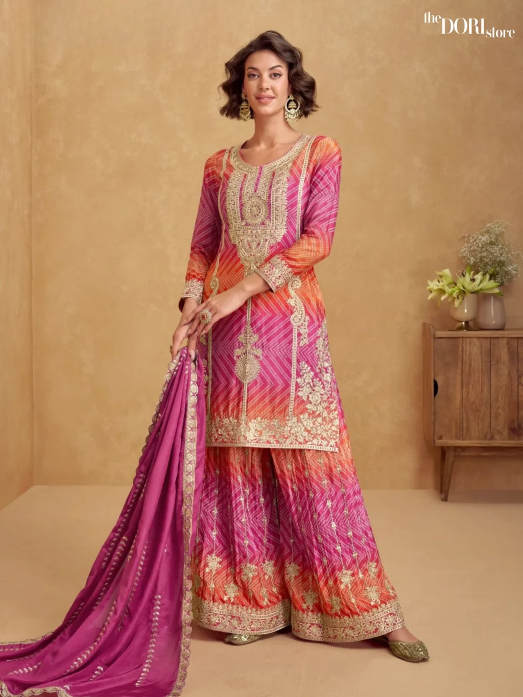 Shop Beautiful Pink Dori Store Chinon Silk Suit with its intricate design