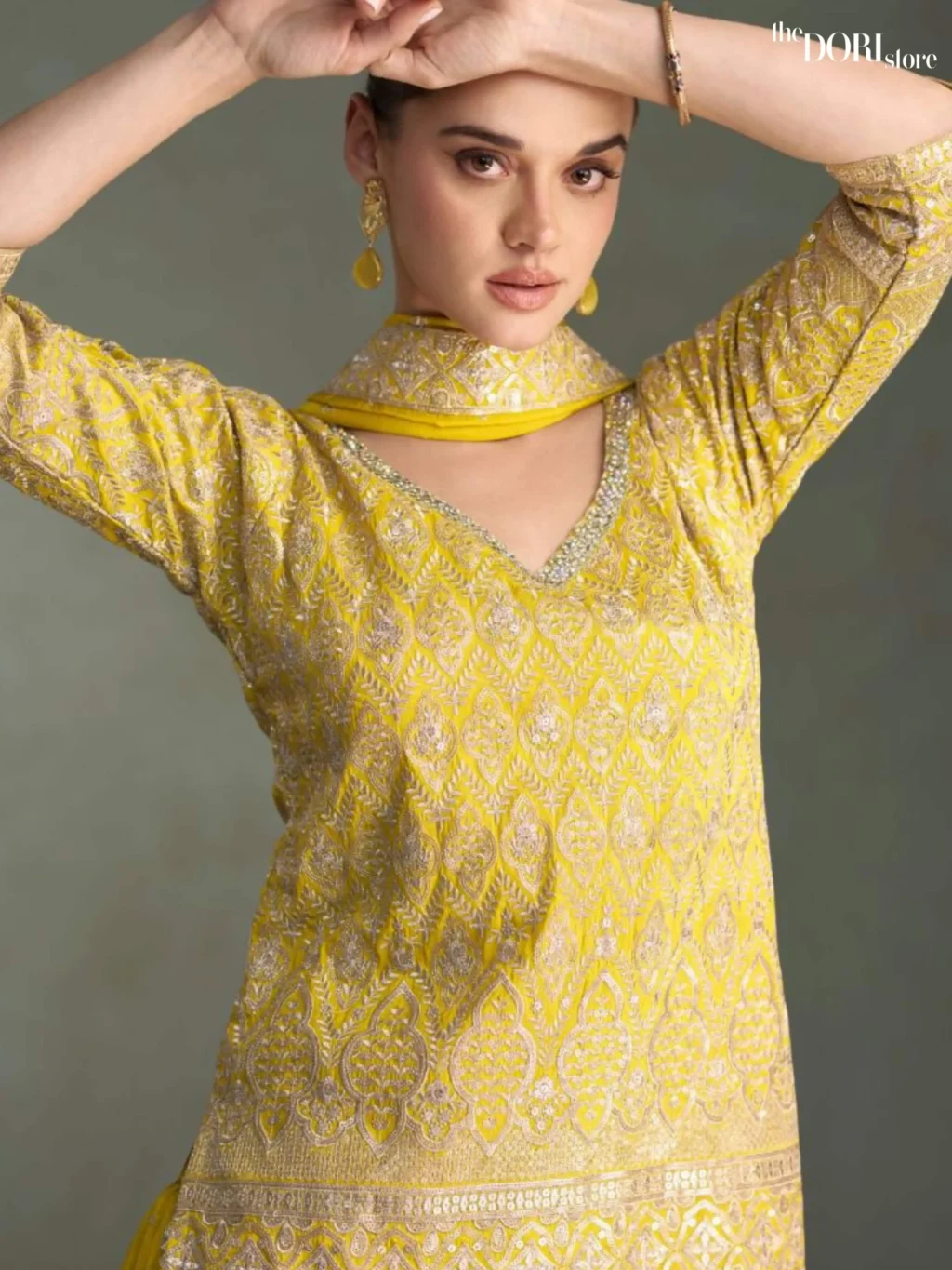 Bright Yellow Partywear Shimmer Silk Readymade Suit Dori Store photo 2