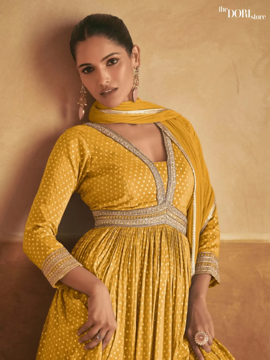 Vanilla Yellow Partywear Silk Readymade Suit Dori Store photo 2