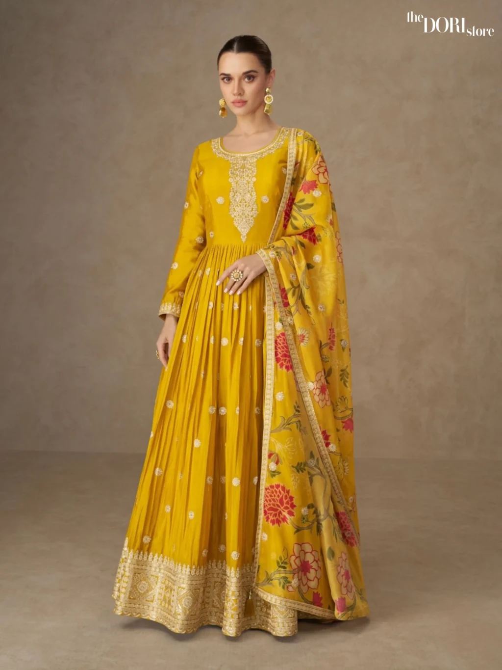 Shop Stylish Yellow Partywear Chinon Gown Suit with its intricate design