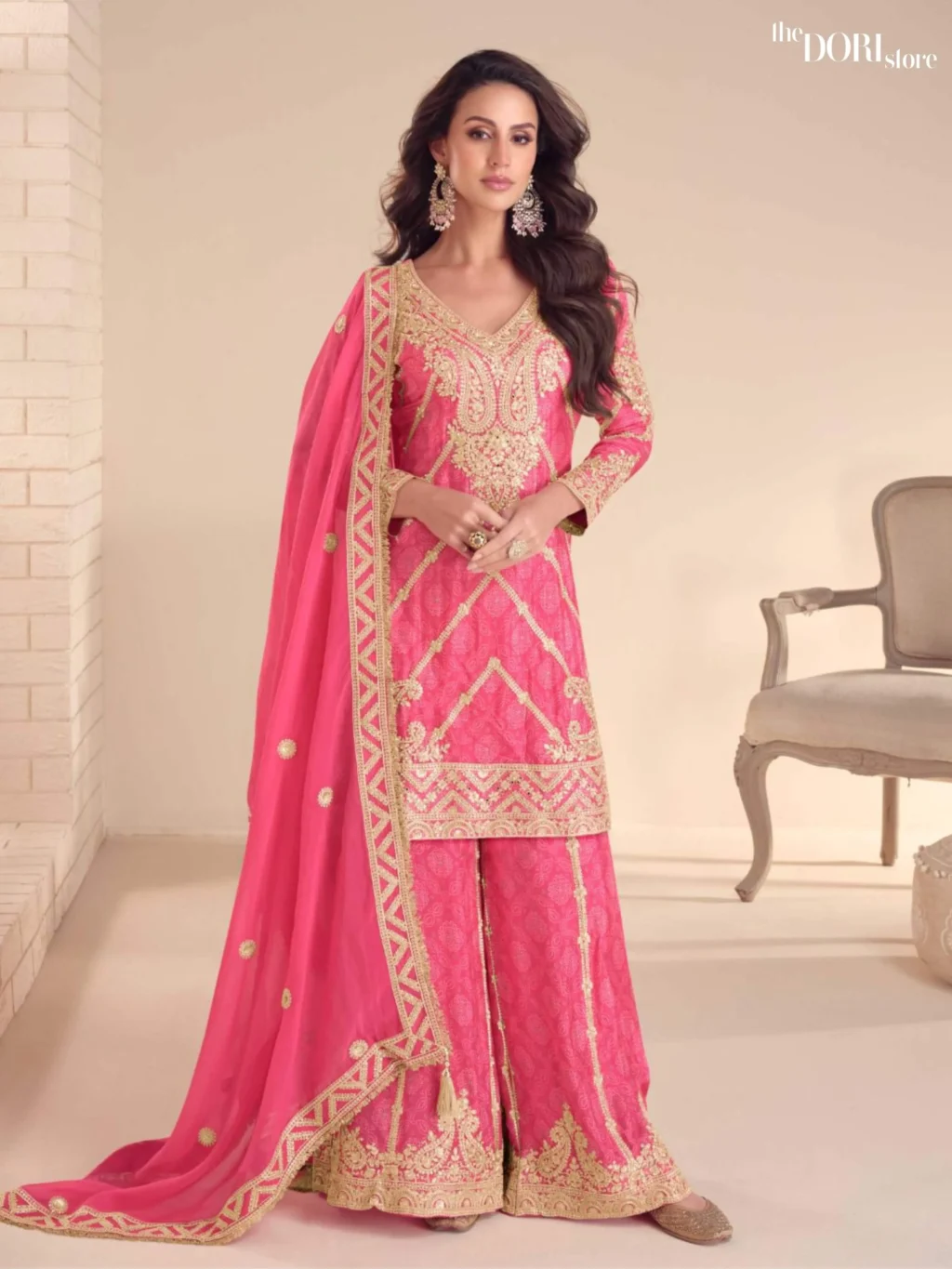 Shop Bloom Pink Digital Chinon Partywear Suit with its intricate design