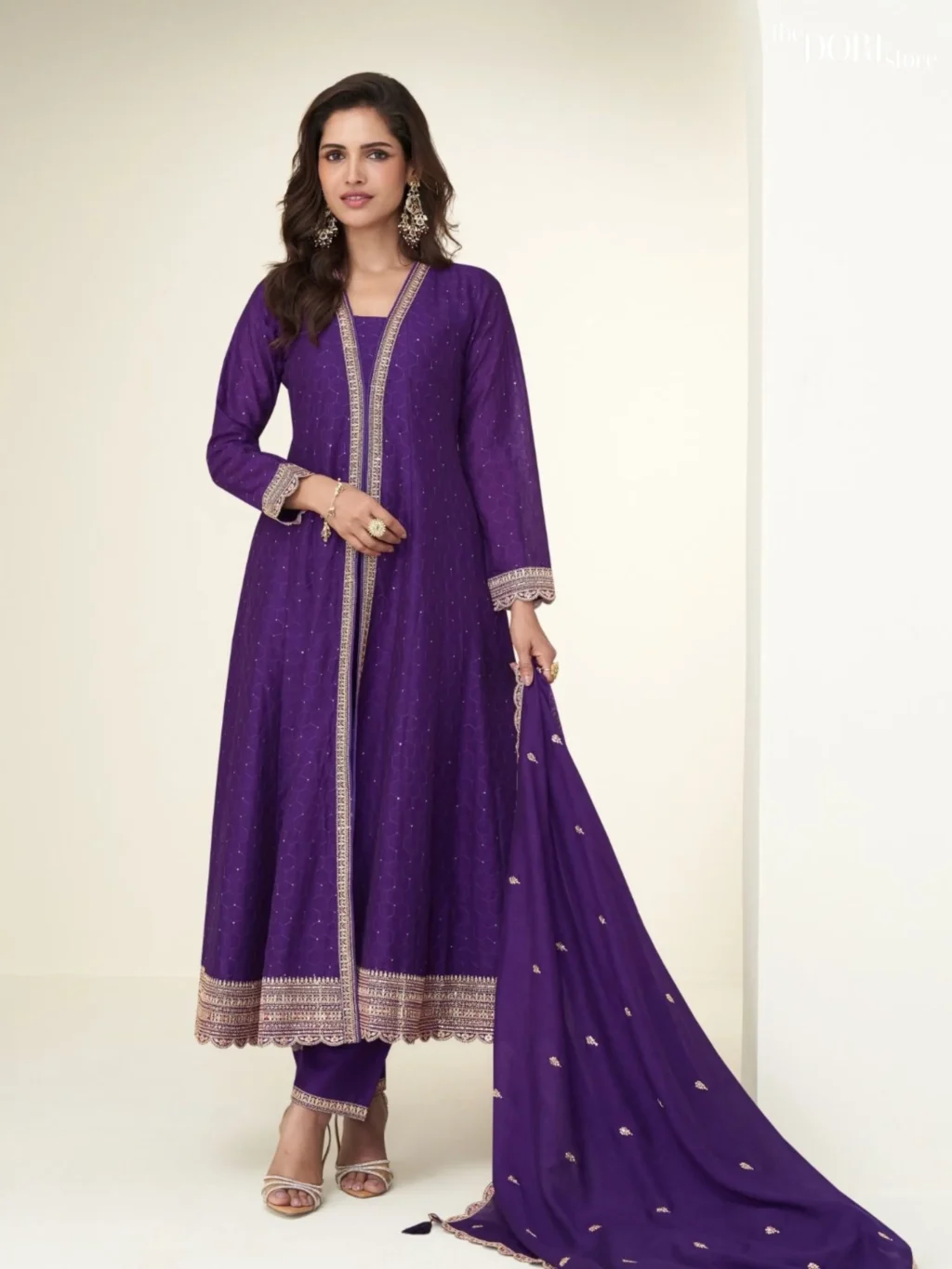 Shop Teal Blue Shimmer Silk Partywear Suit with its intricate design
