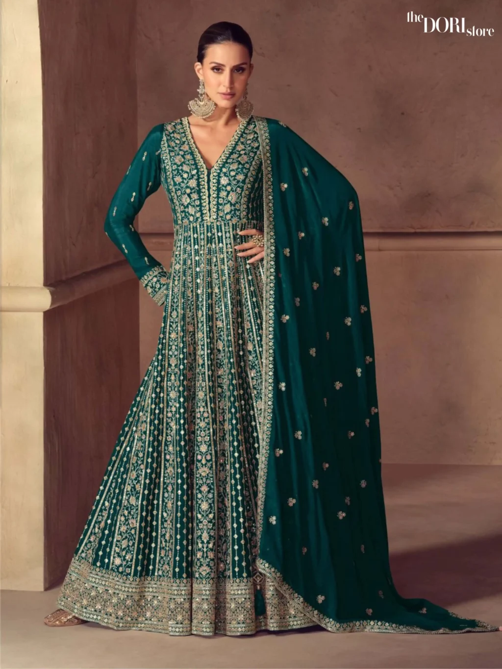 Rich Green Chinon Readymade Gown Suit Dori Store