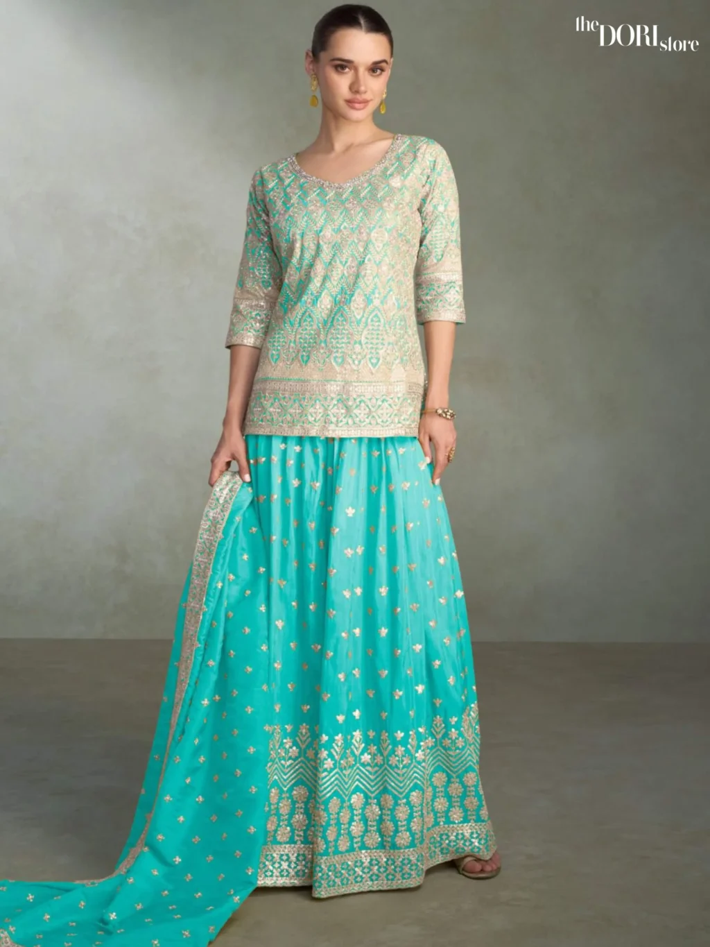 Classic Blue Partywear Shimmer Silk Readymade Suit Dori Store