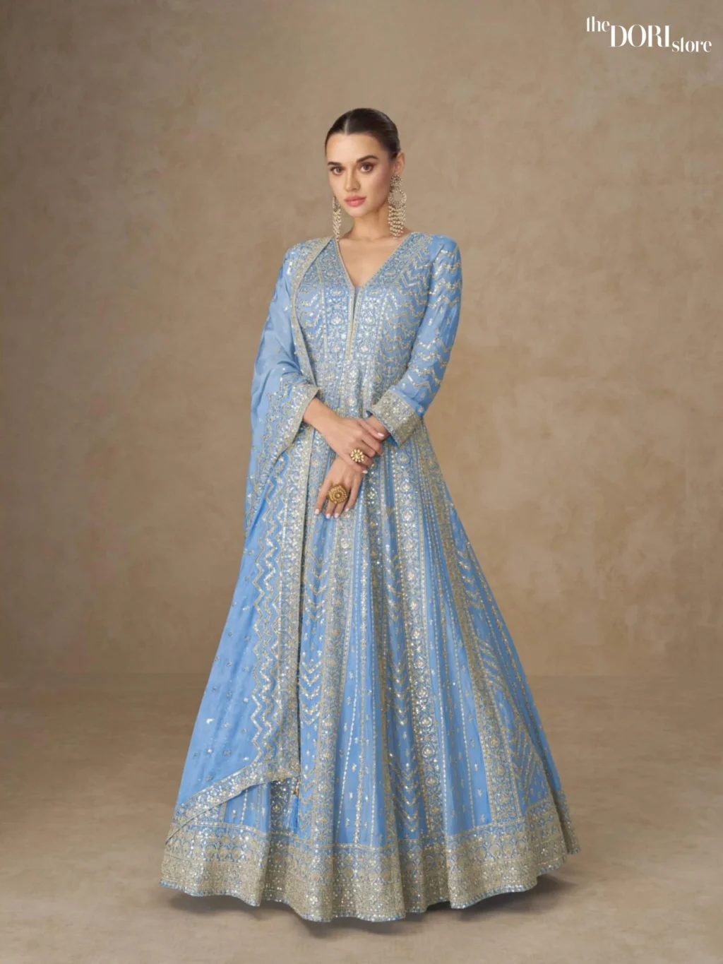 Aqua Blue Chinon Silk Readymade Gown Suit Aashirwad Creation