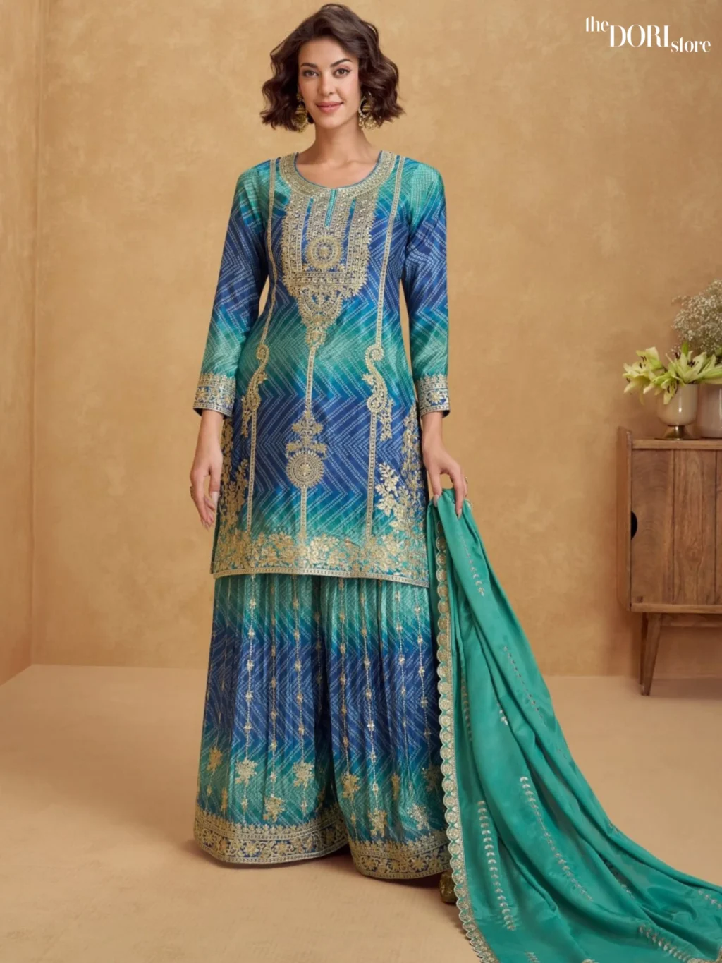 Shop Beautiful Teal Blue Dori Store Chinon Silk Suit with its intricate design