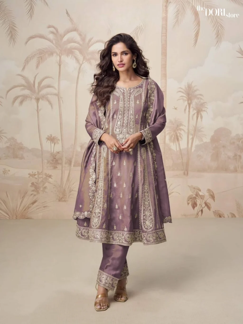 Shop Mauve Purple Shimmer Silk Partywear Suit with its intricate design
