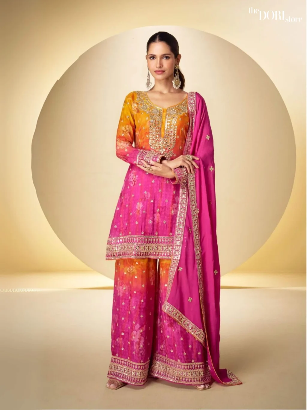 Shop Dori Store Yellowish Pink Digital Print Chinon Suit with its intricate design