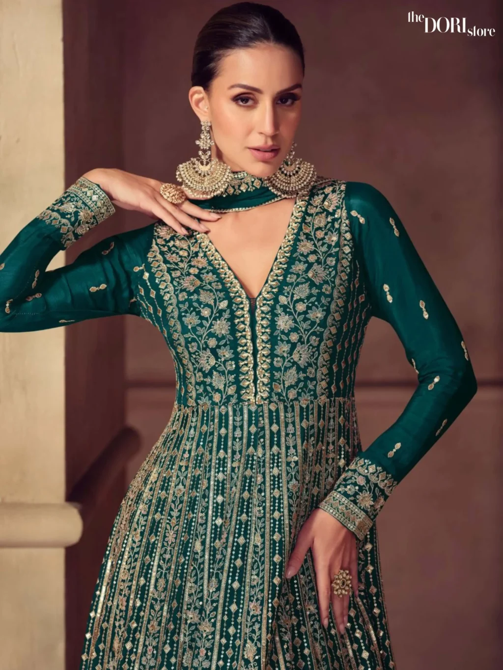 Rich Green Chinon Readymade Gown Suit Dori Store photo 2