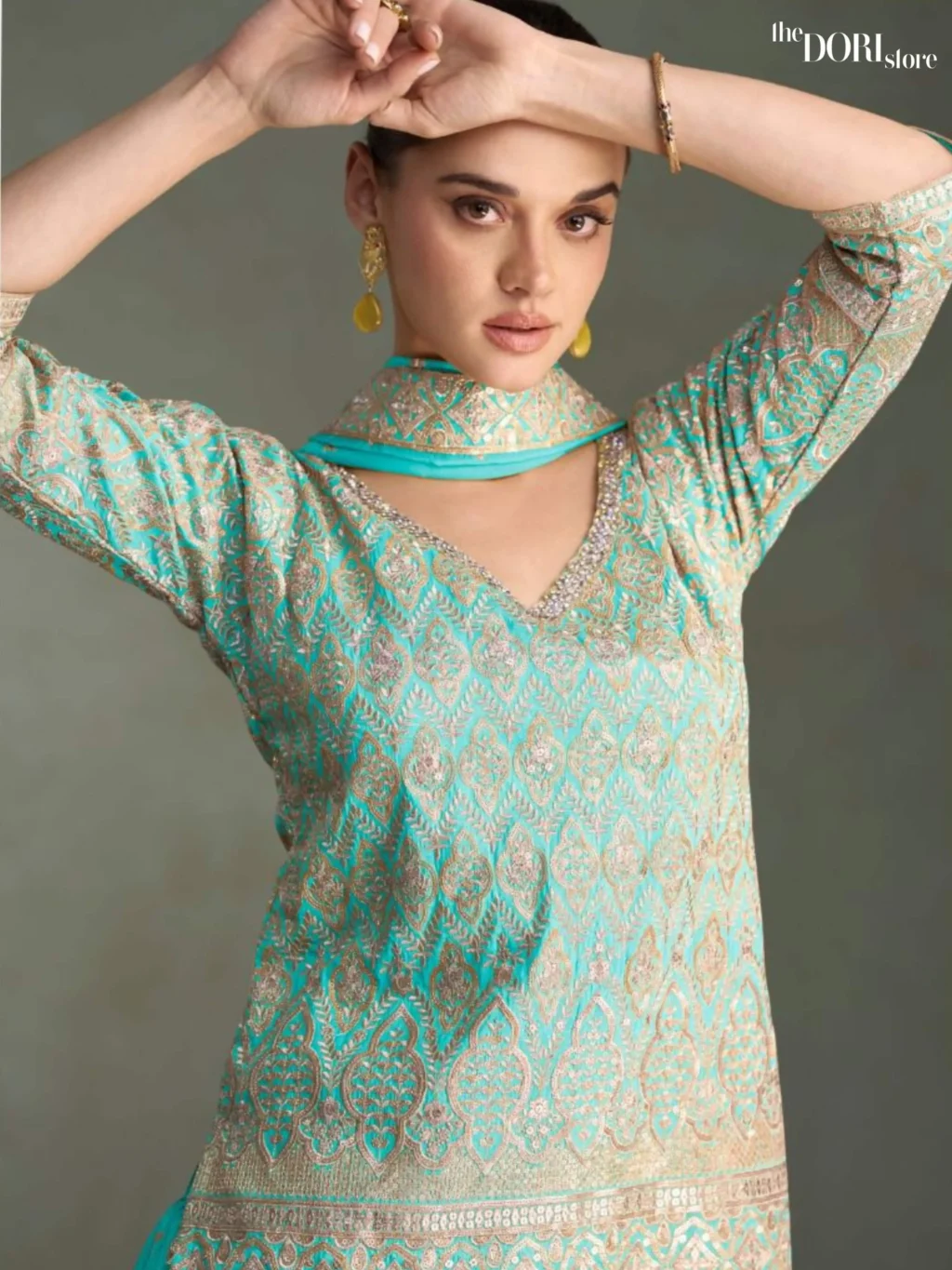Classic Blue Partywear Shimmer Silk Readymade Suit Dori Store photo 2