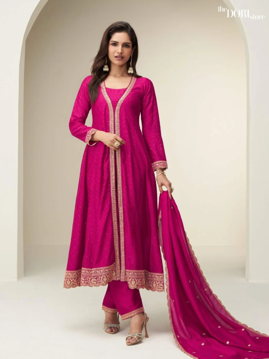 Shop Teal Blue Shimmer Silk Partywear Suit with its intricate design