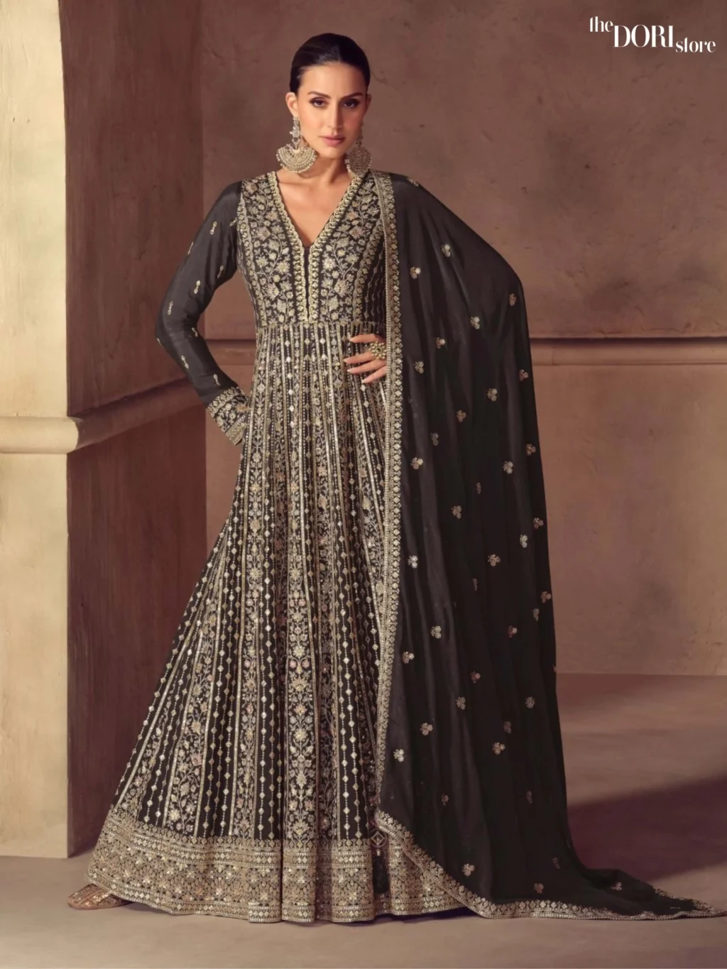 Charcoal Black Chinon Readymade Gown Suit Dori Store