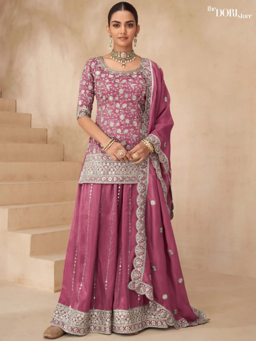 Shop Bloom Pink Shimmer Silk Partywear Suit with its intricate design