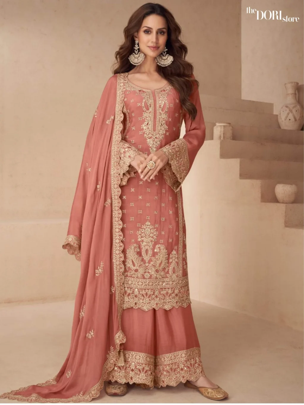 Peach Pink Partywear Chinon Readymade Suit Dori Store