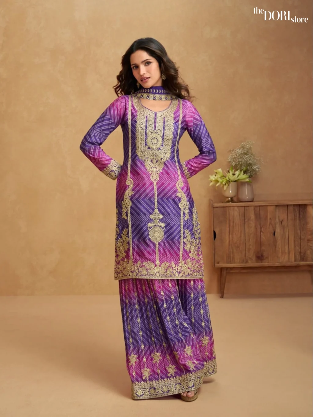 Shop Beautiful Purple Dori Store Chinon Silk Suit with its intricate design