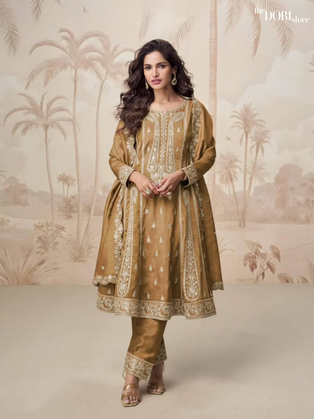 Shop Mustard Yellow Shimmer Silk Partywear Suit with its intricate design