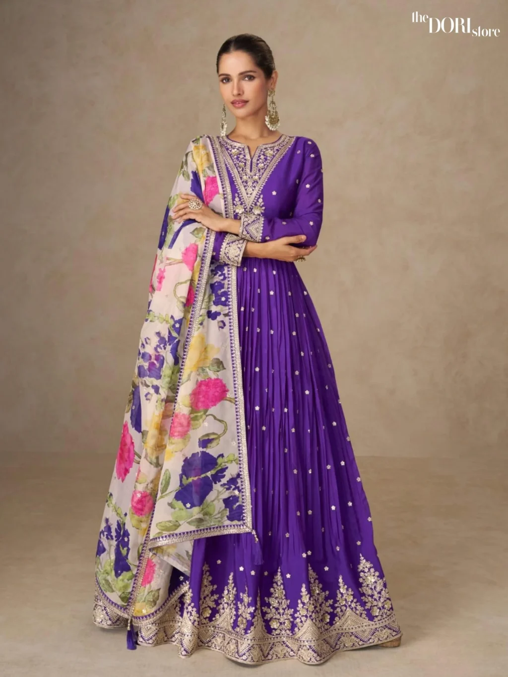 Shop Stylish Purple Partywear Chinon Gown Suit with its intricate design