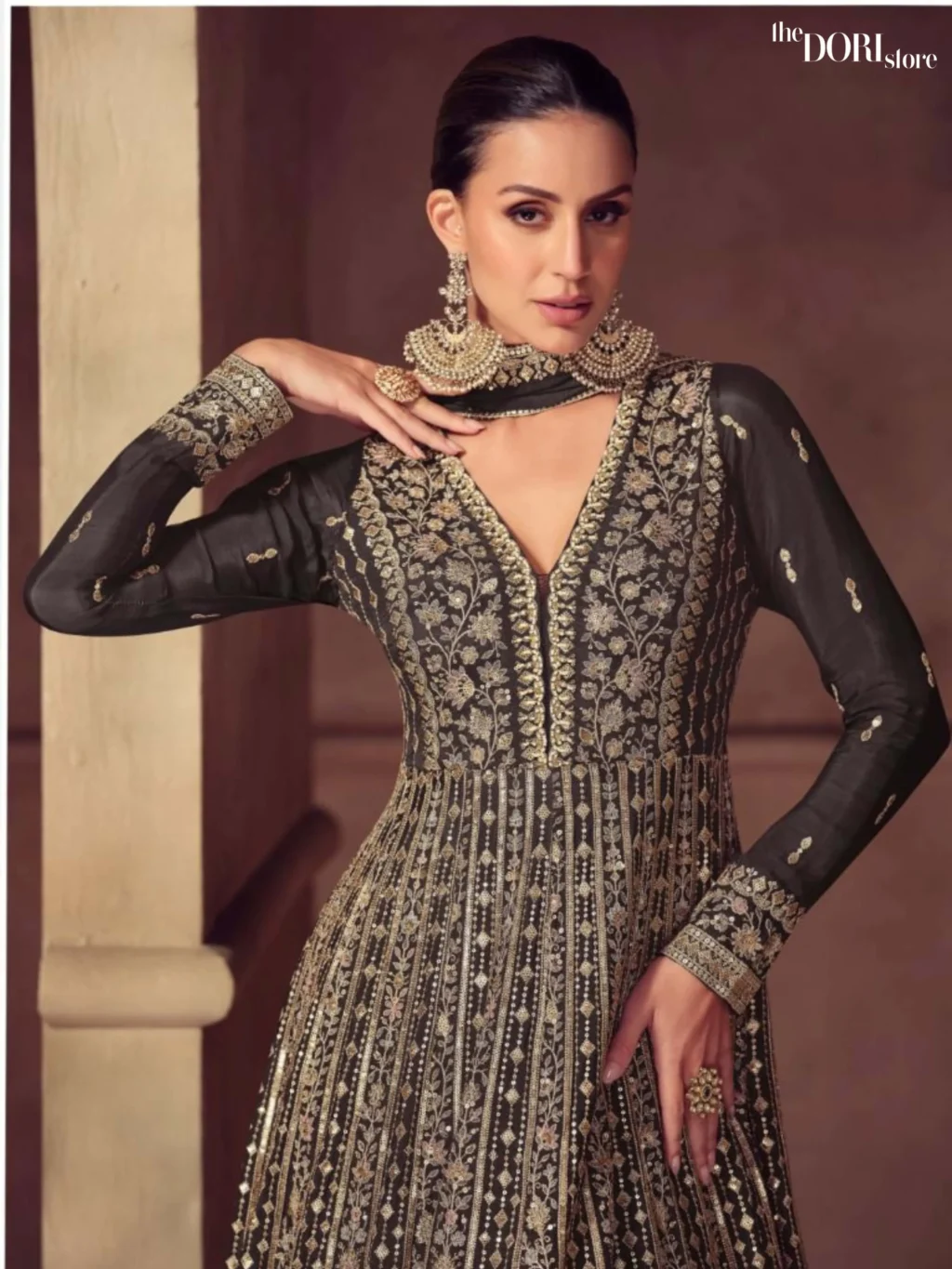 Charcoal Black Chinon Readymade Gown Suit Dori Store photo 2
