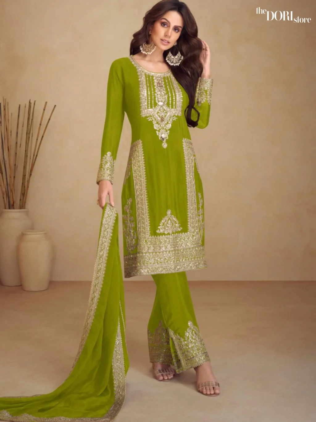 Shop Readymade Light Green Partywear Chinon Suit with its intricate design