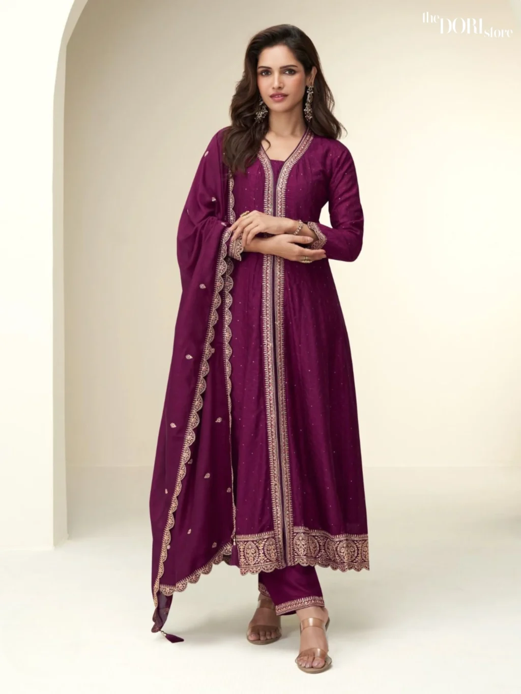Shop Teal Blue Shimmer Silk Partywear Suit with its intricate design