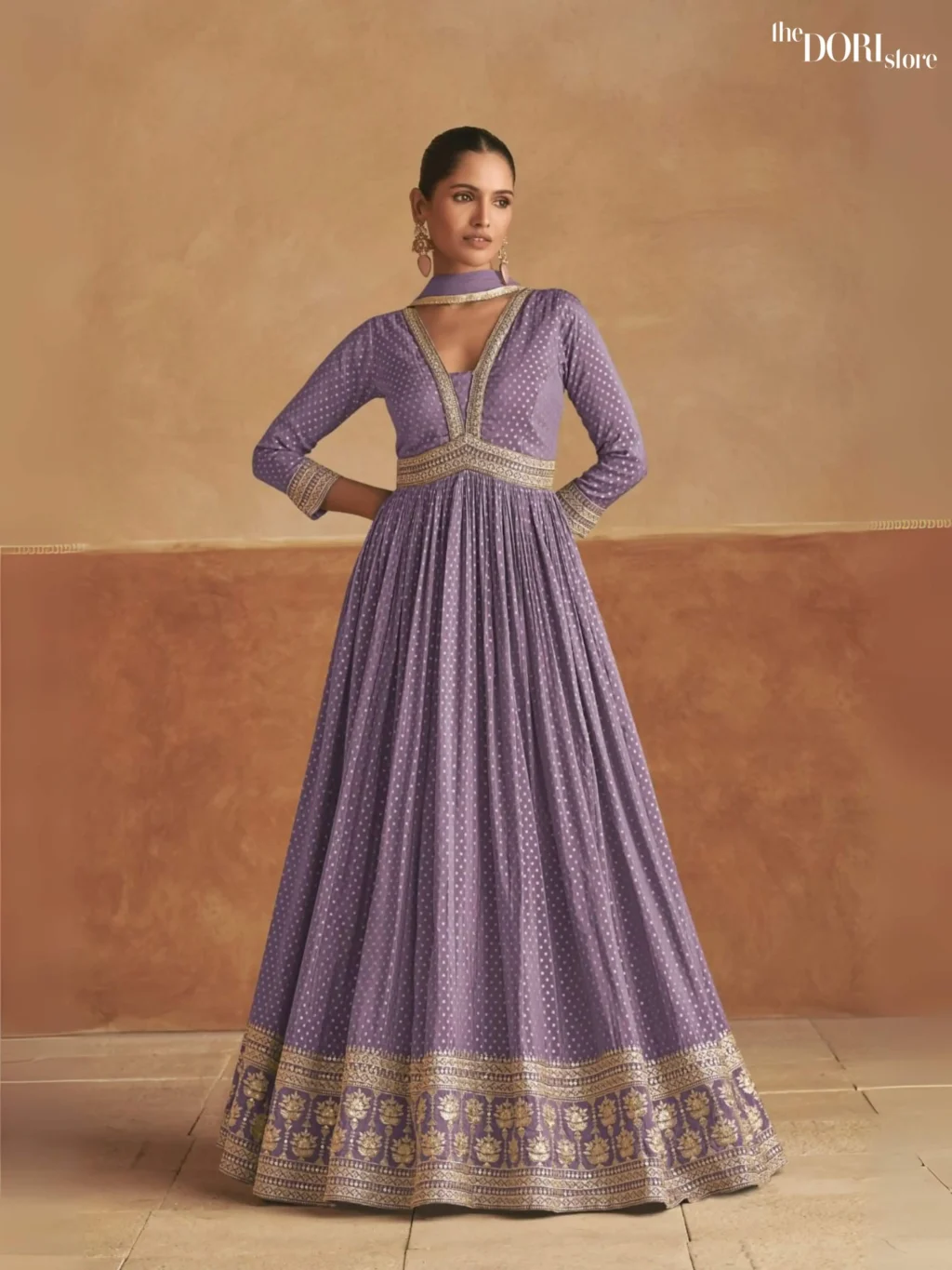 Lavender Purple Partywear Silk Readymade Suit Dori Store
