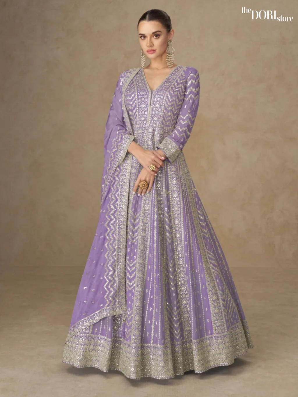 Soft Purple Chinon Silk Readymade Gown Suit Aashirwad Creation