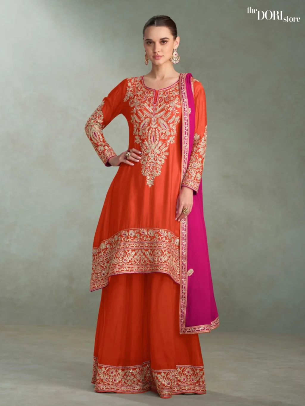 Orange Chinon Readymade Suit Dori Store