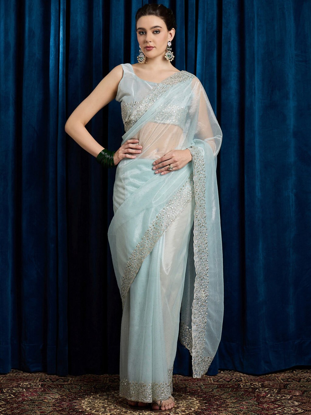 Blue Light Party Wear Net Embroidered Saree