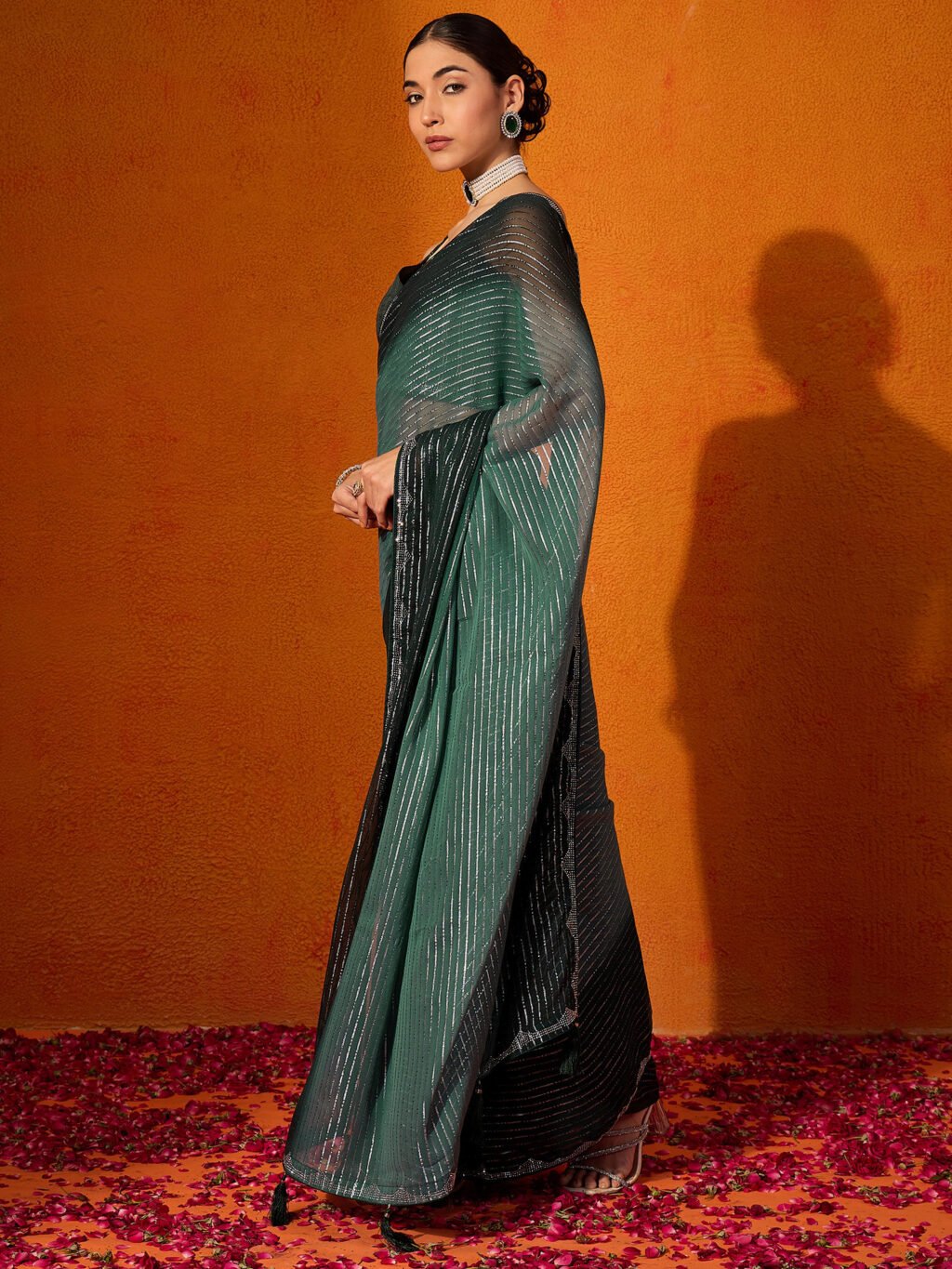 Green Party Wear Chiffon Embellished Saree - Image 3