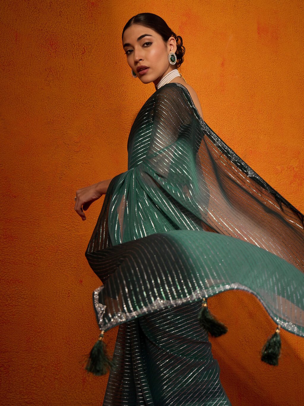 Green Party Wear Chiffon Embellished Saree - Image 4