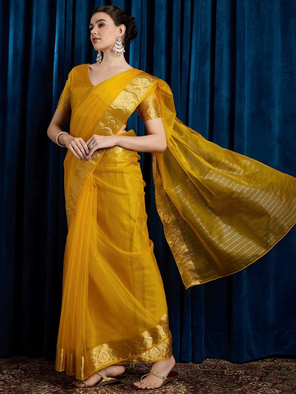 Mustard Party Wear Organza Woven Saree - Image 3