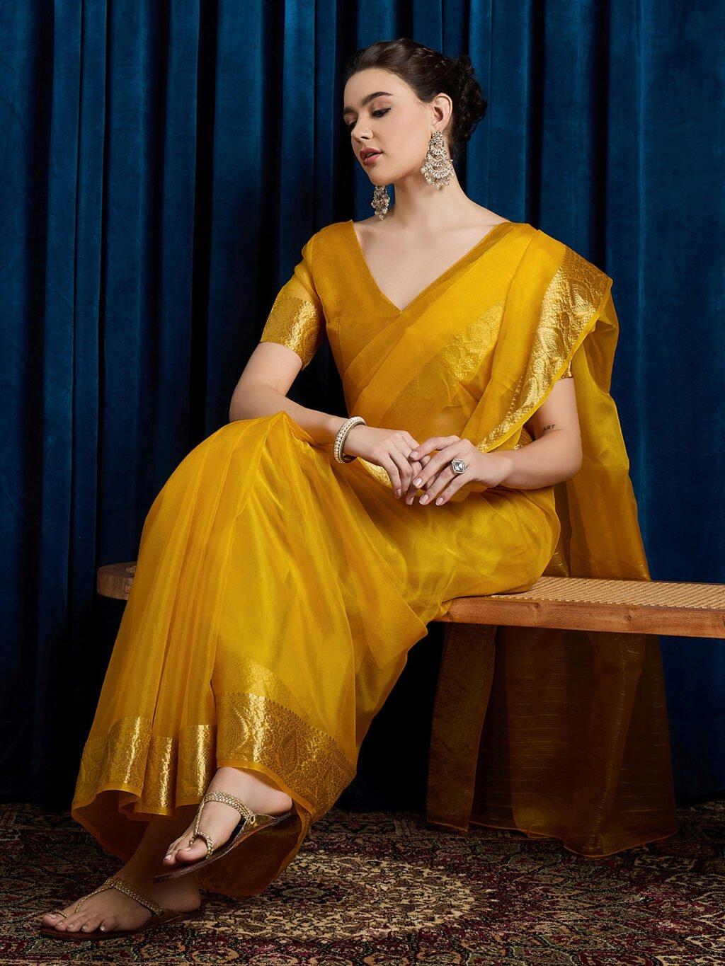 Mustard Party Wear Organza Woven Saree - Image 4