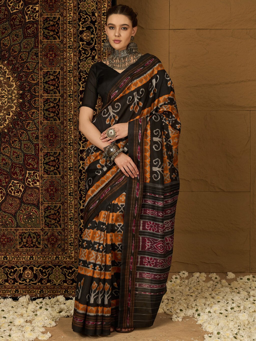 Yellow Mustard Ikat Bhagalpuri Silk Printed Saree