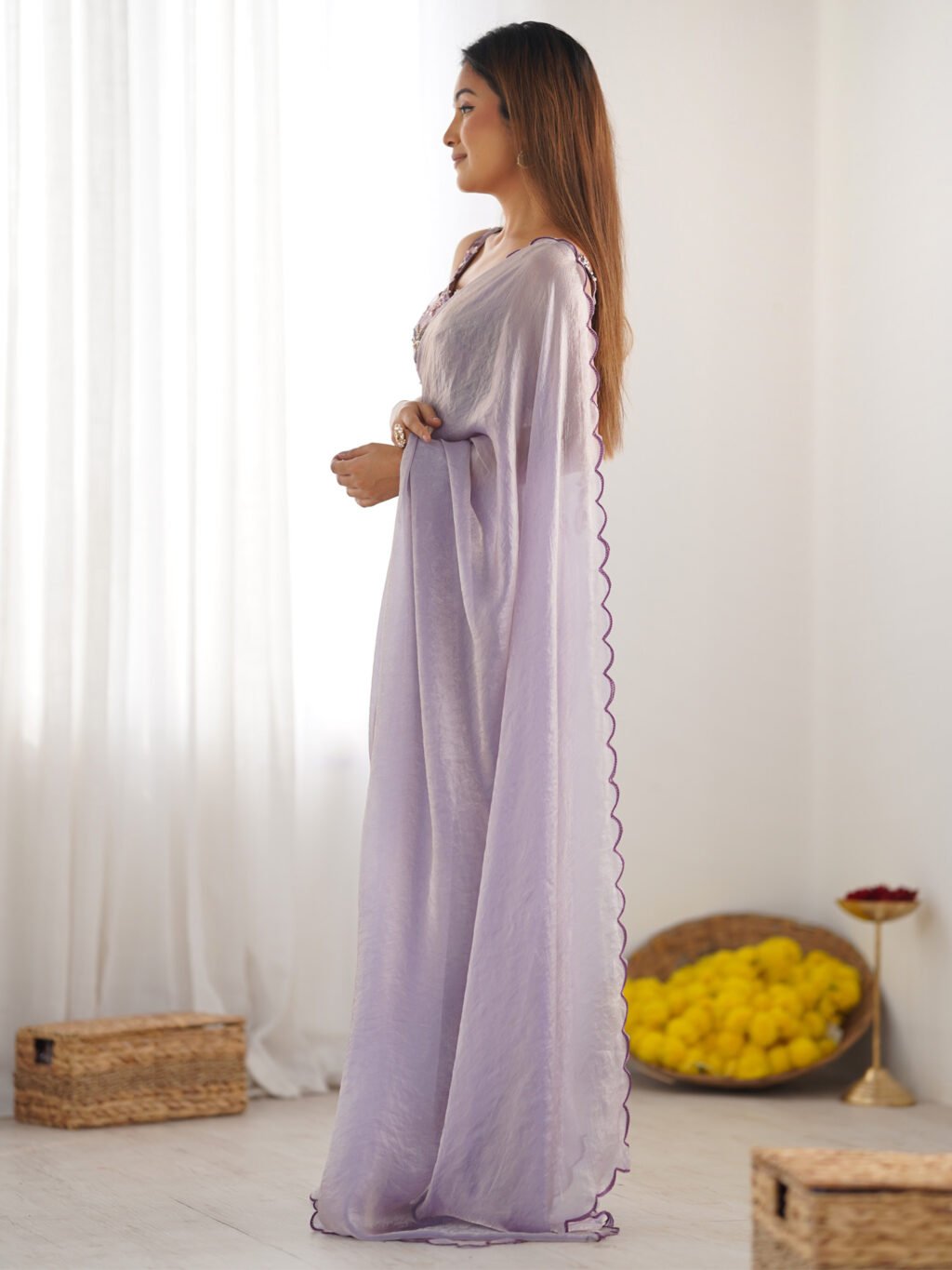 Lavendar Party Wear Satin Silk Embroidered Saree - Image 3
